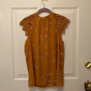 Express Medium Tank Crochet Lace Sleeves Gold With Cherry Blossom Flowers